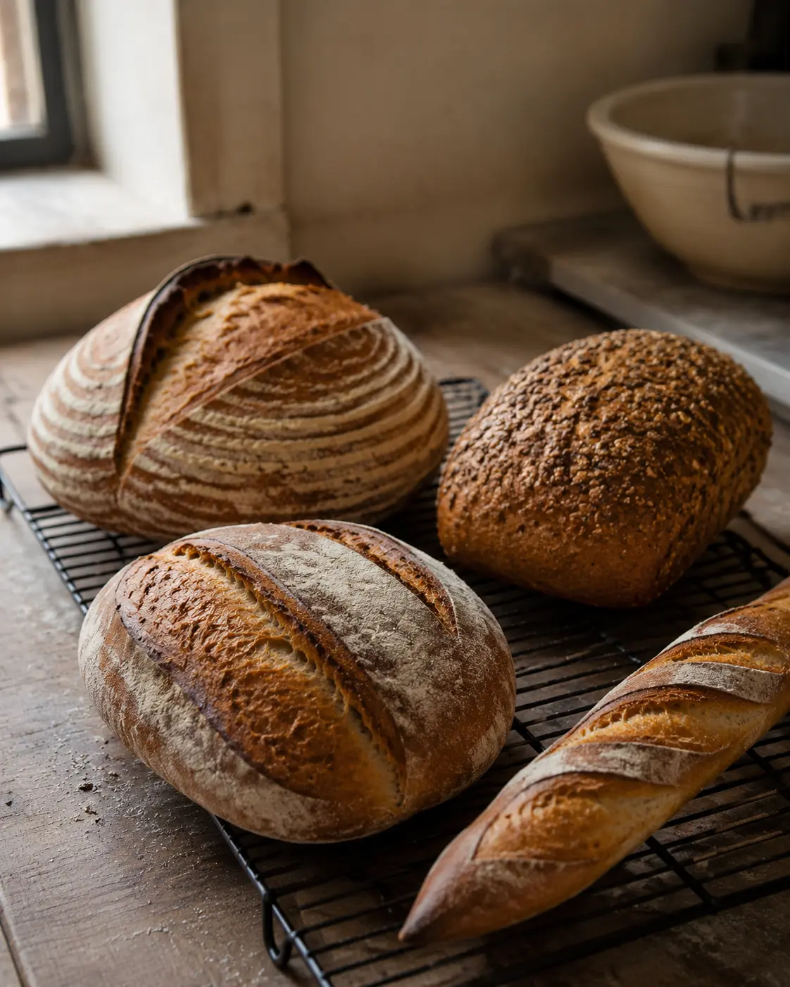 Freshly baked artisan breads cooling on a rack